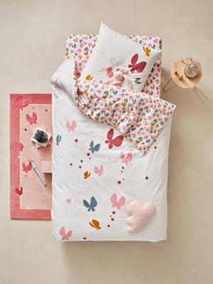 Set van dekbedovertrek + kussensloop voor kinderbed VLIEGEN MAAR roze met print Set van dekbedovertrek + kussensloop voor kinderbed VLIEGEN MAAR roze met print