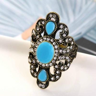 Vintage etnische stijl exquise gesneden ingelegde acryl hars holle ring ring maat: 10 (blauw)