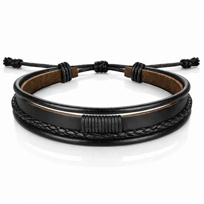 Heren armband Leer Zwart Verstelbaar Touw Multi armband