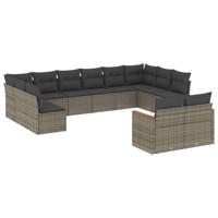 12-delige Loungeset met kussens poly rattan grijs - thumbnail