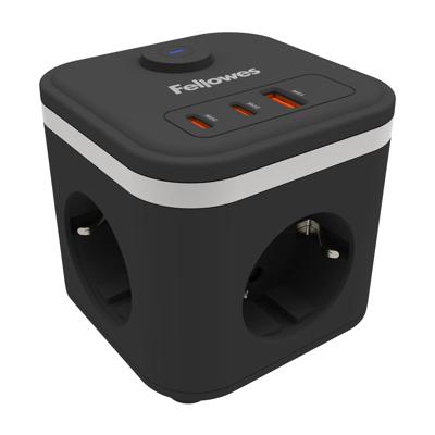 Fellowes contactdoos Power Cube, 3 stopcontacten + 1 x USB-A + 2 x USB-C, zwart, voor Nederland