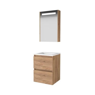 Basic-Line Premium 46 Badkamermeubelset - 50 x 46 cm - Greeploos - 2 Lades - Acryl Wastafel - Zonder Kraangat - Spiegelkast met LED Verlichting - Whisky Oak