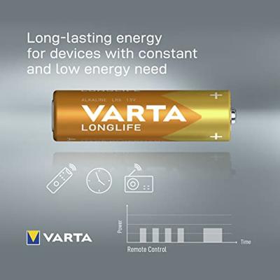 VARTA 4106101414 Longlife AA Mignon LR6 Batterij (verpakking met 4 stuks) Alkaline Batterijen – ideaal voor afstandsbediening radio wekker en klok