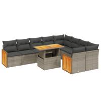 10-delige Loungeset met kussens poly rattan grijs - thumbnail