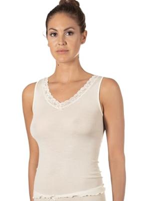 Dames wollen Hemd met kant - Merino Wollen dames ondergoed - Warm onderhemd - 44 - Champagne - Top - Singlet