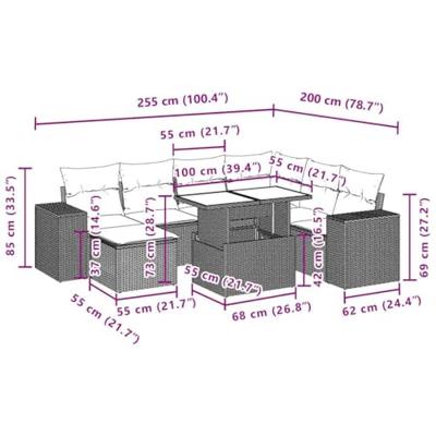 8-delige Loungeset met kussens poly rattan zwart