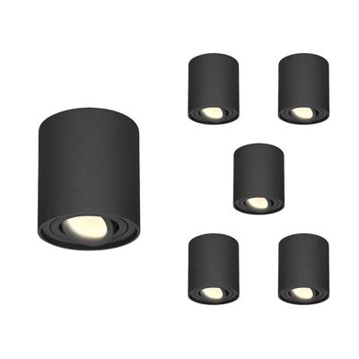 Set van 6 Ray LED opbouwspots - Rond - Dimbaar - 4 Watt 345 lumen - 2700K warm wit - Kantelbaar - GU10 - Plafondspot - IP20 Voor binnen - Zwart
