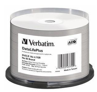 Verbatim DVD-R 4.7 GB - 16x brandsnelheid, DataLifePlus, bedrukbaar, 50 Pack Spindle
