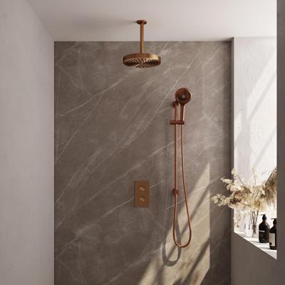 Brauer Stripe thermostatische inbouw regendouche 3-weg rechthoekig SET 24 met 25 cm douchekop en plafondarm en 3-standen handdouche en doucheslang en geintegreerde glijstang koper geborsteld PVD