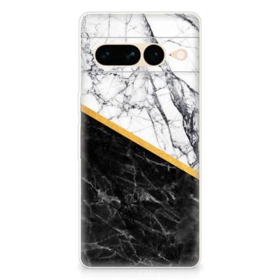 Google Pixel 7 Pro | TPU | Siliconen hoesje | Marmer Wit Zwart - Origineel Cadeau Man