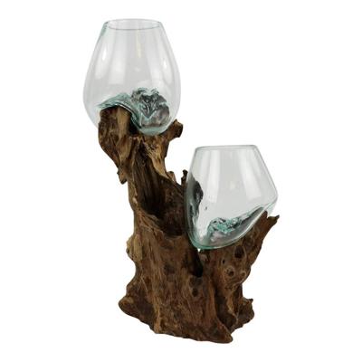 Dubbele Glazen Vaas op Bruin Drijfhout, Sarana, 5020 gram