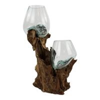 Dubbele Glazen Vaas op Bruin Drijfhout, Sarana, 5020 gram - thumbnail
