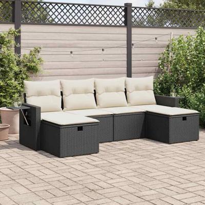 6-delige Loungeset met kussens poly rattan zwart