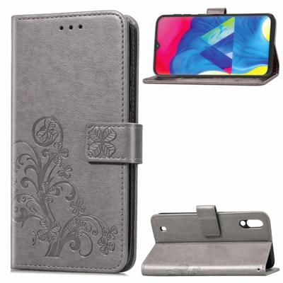 Lucky Clover ingedrukt bloemen patroon lederen draagtas voor Galaxy M10 met houder & kaartsleuven & portemonnee & hand strap (grijs)
