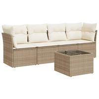 5-delige Loungeset met kussens poly rattan beige - thumbnail