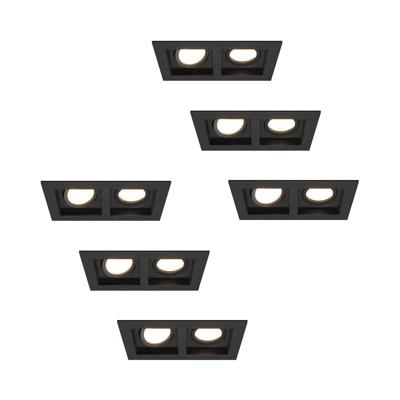 Set van 6 Fresno Dubbele Inbouwspot - Rechthoek - 2x GU10 - 4000K neutraal wit - 8 Watt 690 Lumen - Kantelbaar - IP20 stofdicht - Zwart
