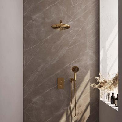 Goud geborstelde thermostatische inbouw regendouche set met 3-weg omstelling en 30 cm douchekop