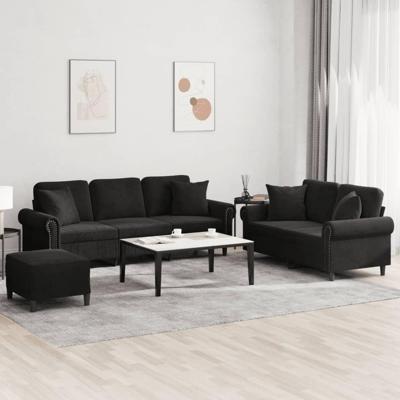 3-delige Loungeset met kussens fluweel zwart - thumbnail