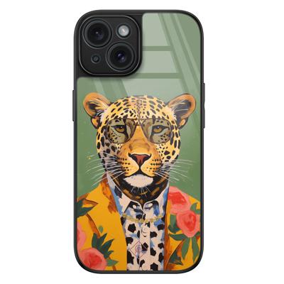 iPhone 15 glazen hardcase - Luipaard hipster iPhone 15 glazen hardcase - Luipaard hipster