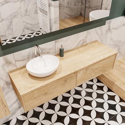 Mondiaz Lush Barco badmeubel Washed oak 150 cm 2 lades mdf 1 waskom links 1 kraangat Mondiaz Lush Barco badmeubel Washed oak 150 cm 2 lades mdf 1 waskom links 1 kraangat