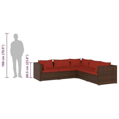 5-delige Loungeset met kussens poly rattan bruin
