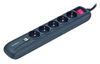 Stekkerdoos met schakelaar 5 voudig 2X USB, 1.5 meter snoer zwart - thumbnail