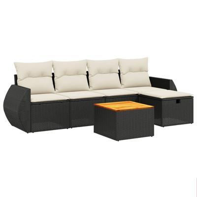 6-delige Loungeset met kussens poly rattan zwart