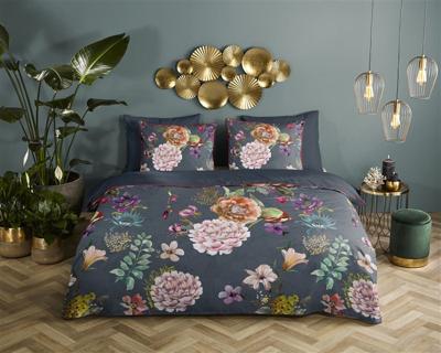 Descanso Dekbedovertrek "bloemen" - Antraciet - (200x200/220 cm) - Biologisch Katoen satijn