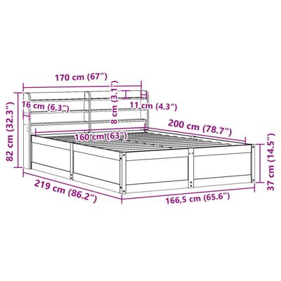Bedframe met hoofdbord massief grenenhout wasbruin 160x200 cm