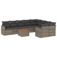 10-delige Loungeset met kussens poly rattan grijs - thumbnail