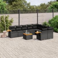 10-delige Loungeset met kussens poly rattan zwart - thumbnail