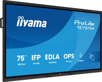 iiyama ProLite TE7515A-B1AG 189,3 cm 75 inch IPS LED interactief display 4K UHD 40 touchpunten DeepContrast-IR HDMI DP USB-C USB3.2 RS-232c RJ45 OPS WiFi Android 14 OS Google EDLA iiControl AntiGlare