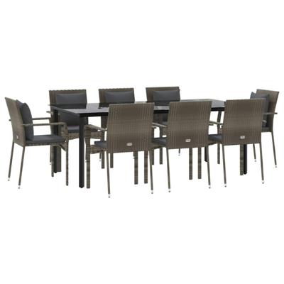 9-delige Tuinset met kussens poly rattan zwart en grijs