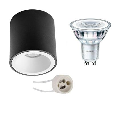 Opbouwspot Set - Pragmi Cliron Pro - GU10 Fitting - Opbouw Rond - Mat Zwart/Wit - Verdiept - Ø90mm - Philips - CorePro 840 36D - 3W - Natuurlijk Wit 4000K - Dimbaar