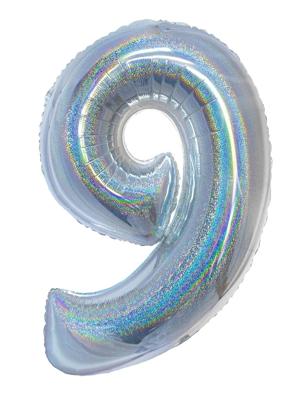 Folieballon Holografisch Zilver Cijfer &apos;9&apos; - 102cm