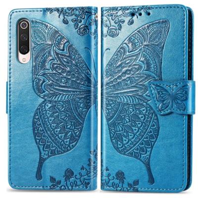 Voor Xiaomi 9 Pro Butterfly Love Flower reliëf horizontale Flip lederen draagtas met beugel Lanyard Card slot portemonnee (blauw)