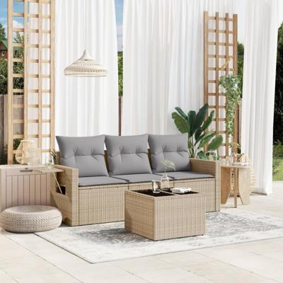 4-delige Loungeset met kussens poly rattan beige - thumbnail