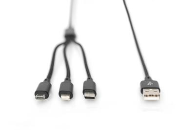 Digitus AK-300160-010-S USB-laadkabel Apple Lightning stekker, USB-A stekker, USB-C stekker, USB-micro-B stekker 1.00 m Zwart Extreem robuust gevlochten Digitus AK-300160-010-S USB-laadkabel Apple Lightning stekker, USB-A stekker, USB-C stekker, USB-micro-B stekker 1.00 m Zwart Extreem robuust gevlochten