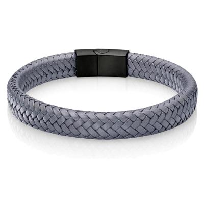 Gevlochten Leren Armband Heren Edelstaal Sluiting Grijs Zwart-20.5cm