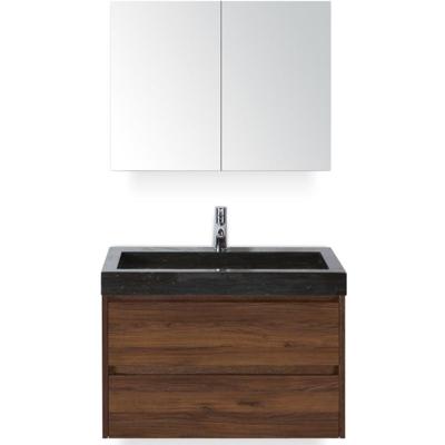 Dante Badmeubelset 80 cm - Walnoot - Wastafel Hardsteen Wit Lucca met Spiegelkast