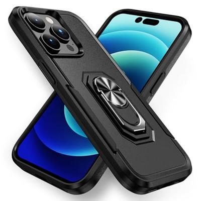 Lunso - iPhone 15 Pro - Armor backcover hoes met ringhouder - Zwart