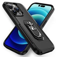 Lunso - iPhone 15 Pro - Armor backcover hoes met ringhouder - Zwart - thumbnail