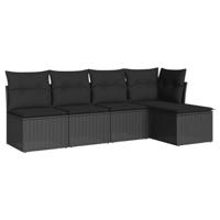 5-delige Loungeset met kussens poly rattan zwart - thumbnail