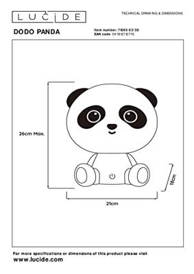Lucide DODO PANDA - Tafellamp Kinderkamer - LED 3 StepDim - 1x3W 4000K - Zwart