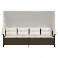 Ligbed met luifel en kussens poly rattan bruin - thumbnail