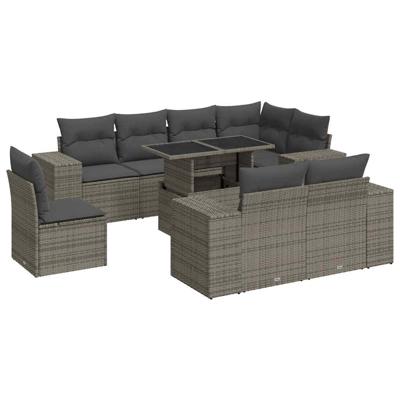 9-delige Loungeset met kussens poly rattan grijs