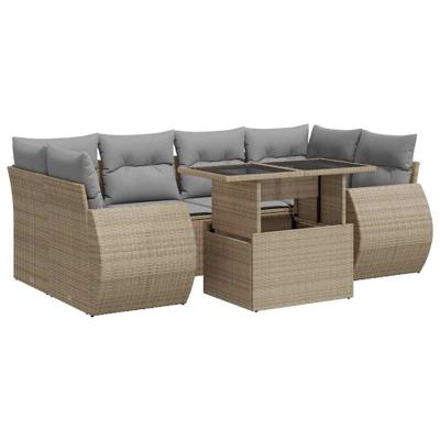 7-delige Loungeset met kussens poly rattan beige
