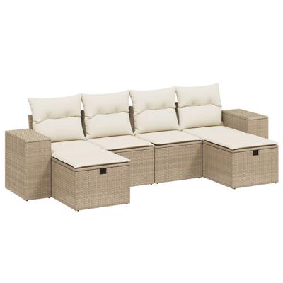 6-delige Loungeset met kussens poly rattan beige