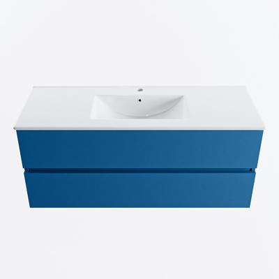 MONDIAZ VICA 120cm badmeubel onderkast Jeans 2 lades. Wastafel DENIA midden 1 kraangat, kleur Glanzend Wit.