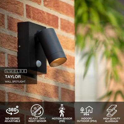 Lucide TAYLOR - Wandspot / Wandlamp Binnen/Buiten - 1xGU10 - IP54 - Bewegingssensor - Zwart Lucide TAYLOR - Wandspot / Wandlamp Binnen/Buiten - 1xGU10 - IP54 - Bewegingssensor - Zwart
